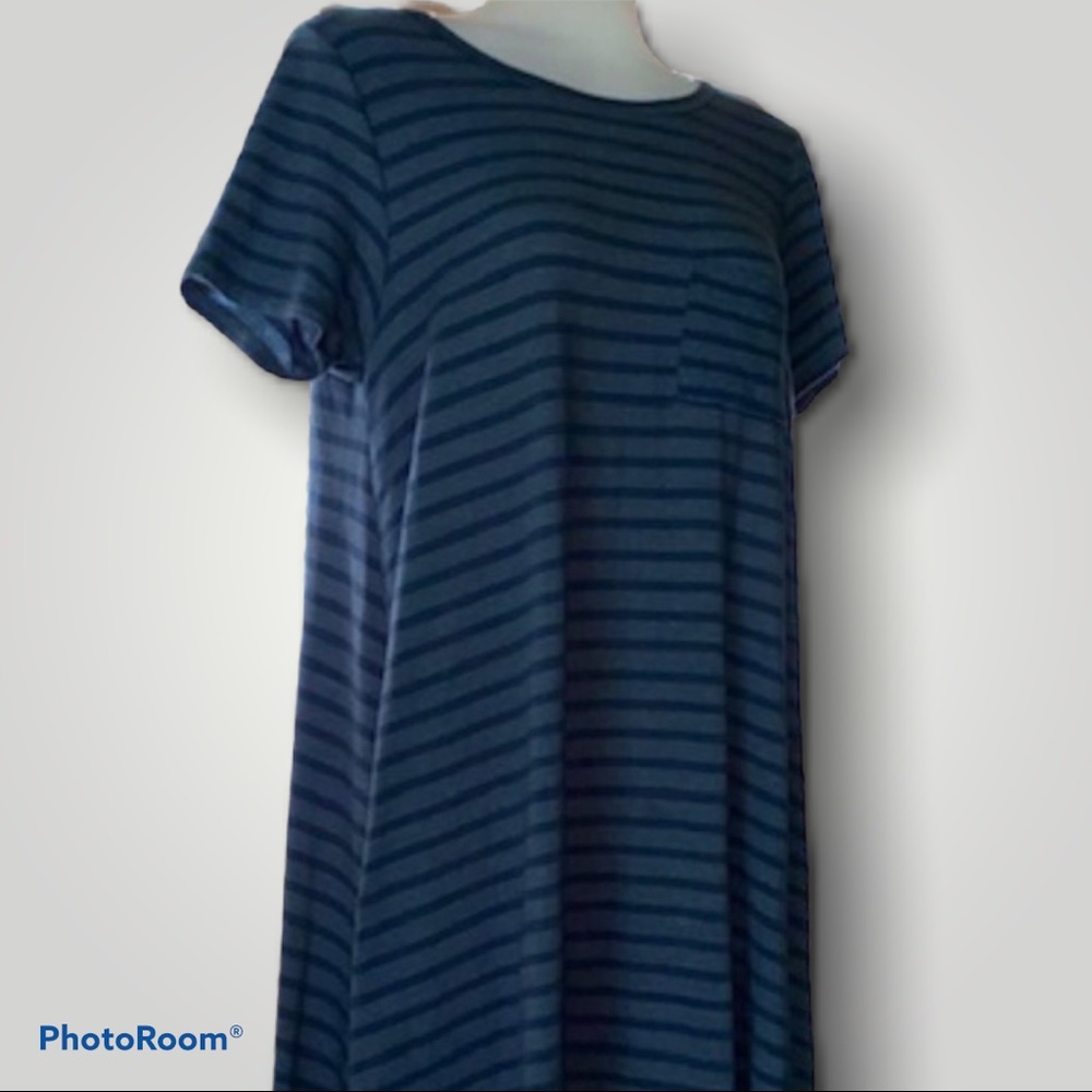 LuLaroe Heathered Blue-Gray & Blue Striped Carly Swing Dress - Picture 3 of 15